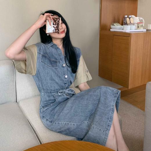 顺丰包邮洛诗琳33714春夏新款设计感撞色拼接短袖牛仔长裙3995 商品图1