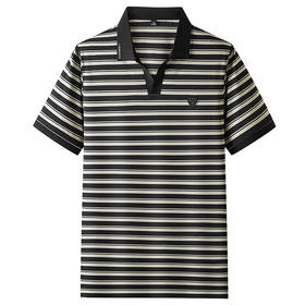 【冰丝弹力】【DKP】大依优型大码V领短袖Polo衫条纹翻领T恤休闲短袖男宽松T恤上衣胖子