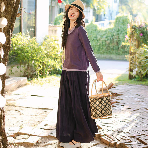 绽放旅行女装095朵/绢丝羊毛混纺拼色文艺精纺长袖套头毛织T恤 商品图3