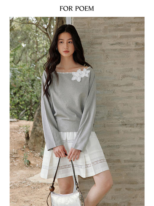 ForPoem 现货 25/SS原创设计花朵织带汉麻有机棉一字肩倒三角T恤上衣 商品图3