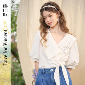 两三事梵高文艺仙云寄语2025春新款刺绣海军领泡泡袖米白色衬衫女S25CC329