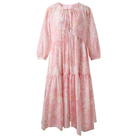 三彩2025春季新款碎花连衣裙两件套圆领系带七分袖长裙浪漫S 商品图4