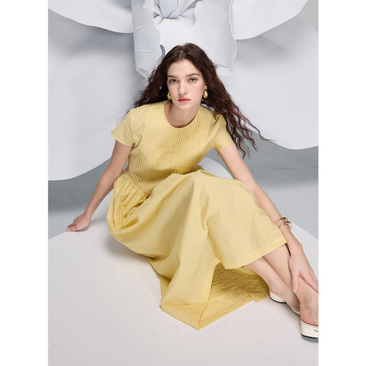 三彩2025春季新款长绒棉连衣裙圆领短袖收腰宽松长裙简约S 商品图1