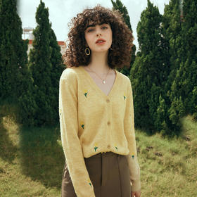 欧芮儿法式V领绣花针织开衫春春2025新款气质慵懒风黄色毛衣外套