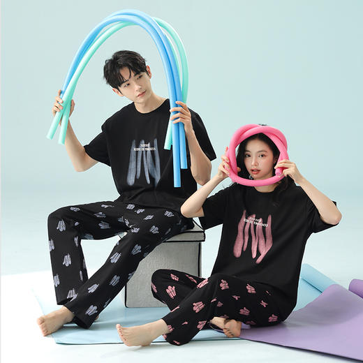 【抗菌新疆棉】自然醒「浪漫月光」情侣大码睡衣女纯棉夏季凉感时尚字母套装男200斤两件套家居服薄JLM 商品图7