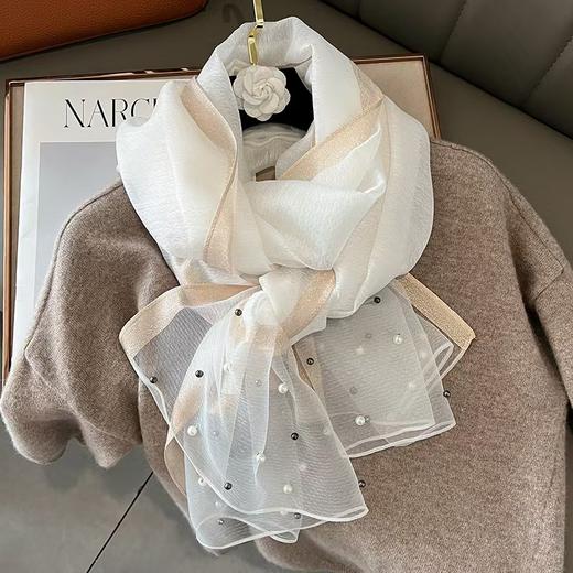 小香风珍珠朦胧桑蚕丝羊毛围巾防晒披肩 商品图1