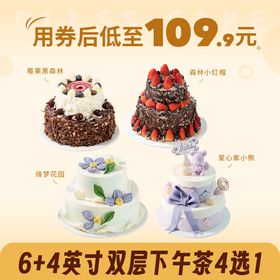 6+4英寸双层下午茶4选1，【森林小红帽】【绮梦花园】【莓果黑森林】【爱心紫小熊】 双层精致甜品塔多重口味，聚会推荐拍照秒出片（进店专享）