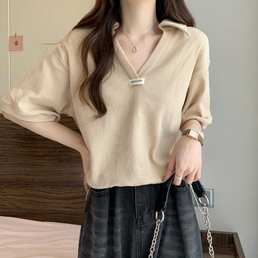 【POLO领抽绳棉质短袖T恤】夏ins潮宽松显瘦 小个子短款V领半袖  商品图7