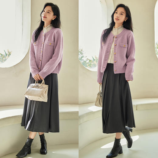 VICTORIA&VERA春季“山茶漫记”香芋紫宽松慵懒风圆领金扣小香羊毛针织开衫 商品图8
