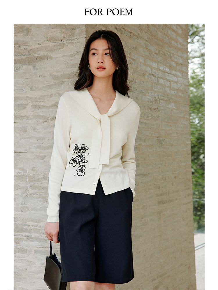 ForPoem 现货 25/SS原创设计春夏薄款刺绣花朵水手领亚麻针织开衫外套