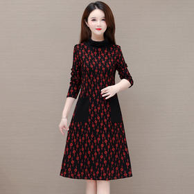 QYMCR-SMN37 中长款加绒印花连衣裙女2025年春季新款韩版修身气质时尚打底裙