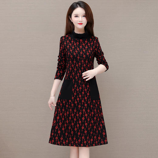QYMCR-SMN37 中长款加绒印花连衣裙女2025年春季新款韩版修身气质时尚打底裙 商品图0