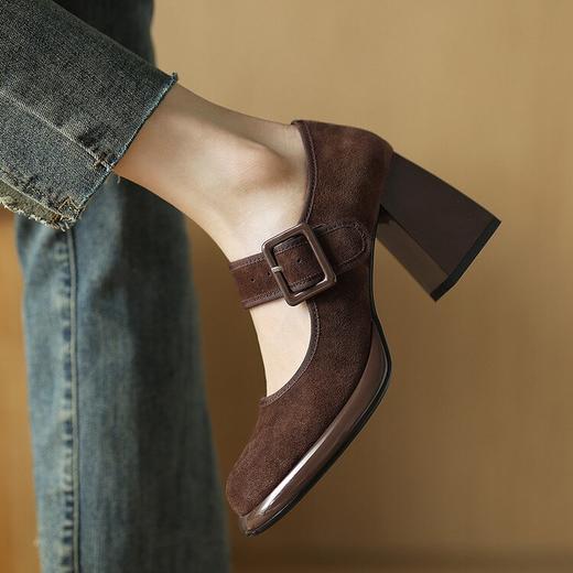 【预售5天】粗跟玛丽珍鞋女春复古小个子防水台一字带方头高跟鞋真皮单鞋DQ&DQ9029F 商品图2