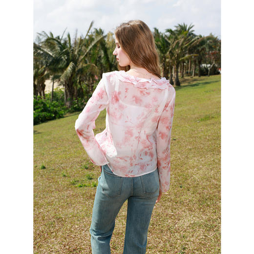 三彩【山樱花落】2025春季新款新中式小衫荷叶边系带开衫罩衫C 商品图2