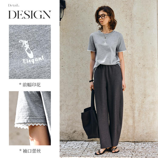 OLrain欧芮儿法式灰色T恤女春季2025年新款拼接蕾丝印花短袖上衣 商品图2