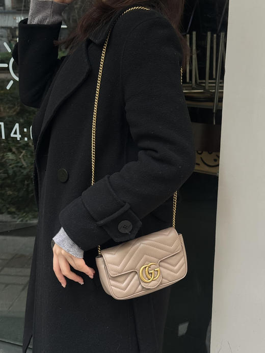 正品二手 Gucci 双g 马蒙 牛皮 灰色 mini 斜挎包 商品图0