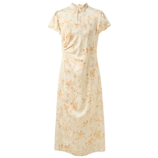 三彩2025春季新款桑蚕丝连衣裙提花旗袍领收腰A字裙长裙M 商品图4