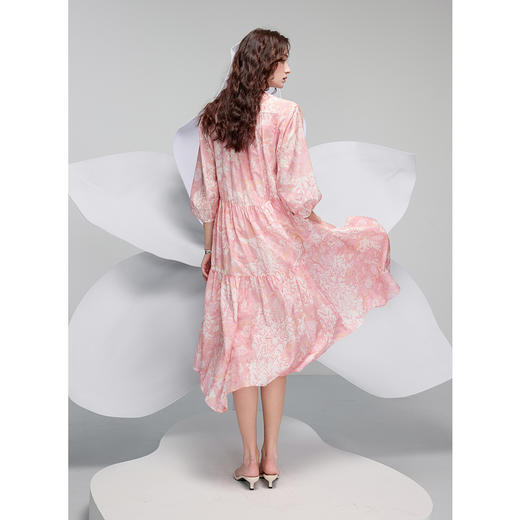 三彩2025春季新款碎花连衣裙两件套圆领系带七分袖长裙浪漫S 商品图2