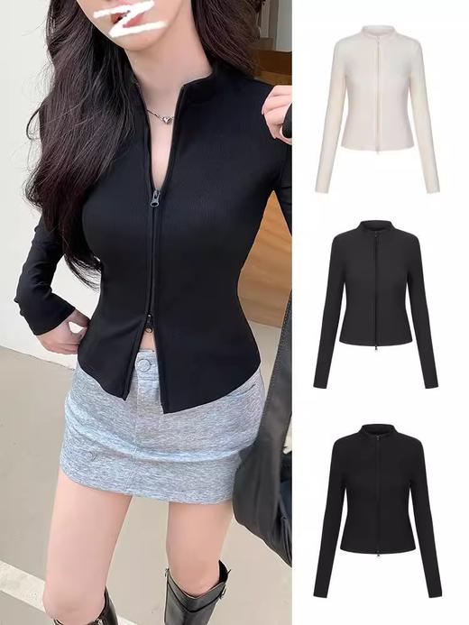 【螺纹立领双拉链外套】春秋新款 针织开衫修身百搭短款长袖上衣 商品图0