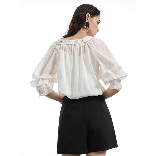 三彩2025春季新款宽松苎麻小衫衬衣两件套花边方领氛围感S 商品图2