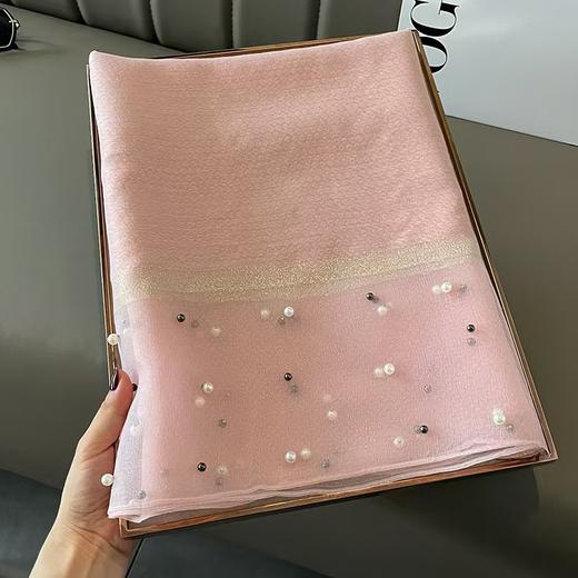 小香风珍珠朦胧桑蚕丝羊毛围巾防晒披肩 商品图4