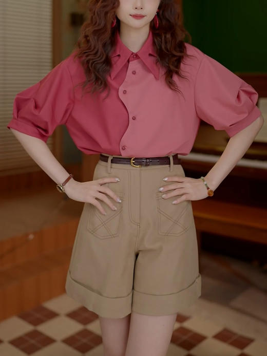 裁缝学苑AQ432设计感港风复古短袖衬衫女新款拼色宽松不对称上衣样板 商品图2