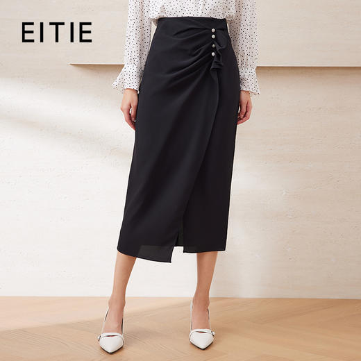 EITIE爱特爱提褶木耳花边不对称包臀高腰缎面半身裙夏季新款B2506604 商品图0