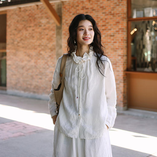 绽放旅行女装108朵/亚麻可拆卸蕾丝花边领正常肩长袖开襟简约衬衫 商品图1