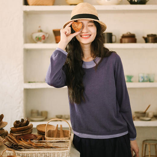 绽放旅行女装095朵/绢丝羊毛混纺拼色文艺精纺长袖套头毛织T恤 商品图2