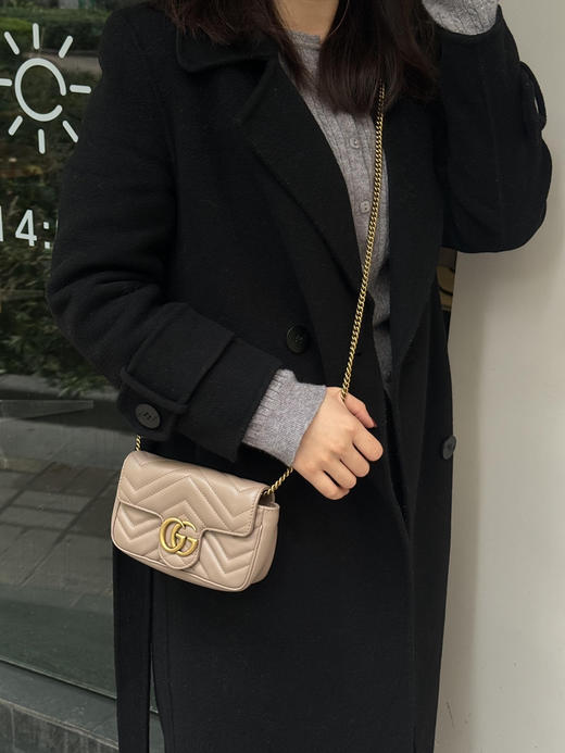 正品二手 Gucci 双g 马蒙 牛皮 灰色 mini 斜挎包 商品图1