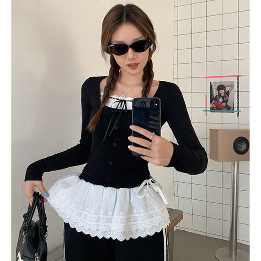 西遇假两件长袖T恤女2025年新款内搭设计感蕾丝拼接修身上衣SS150192 商品图2