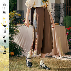 两三事梵高文艺绮芽秘语2025春季新款印花布拼接开叉阔腿休闲裤女S25CKZ477