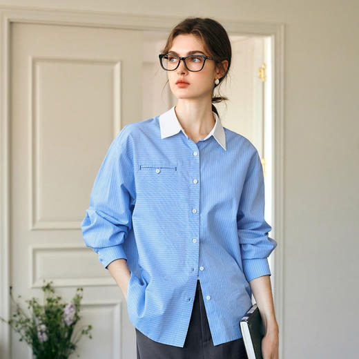 欧芮儿2025春夏新款条纹领口撞白设计感长袖衬衫女宽松休闲上衣 商品图0