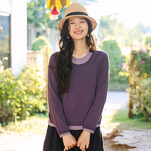 绽放旅行女装095朵/绢丝羊毛混纺拼色文艺精纺长袖套头毛织T恤 商品图1