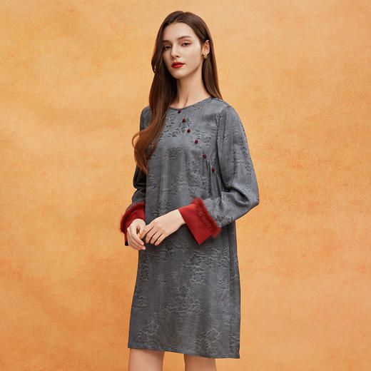 QE823斯尔丽25春季新款独家印花高腰拼接丝绒修身放摆净色长连衣裙 商品图2