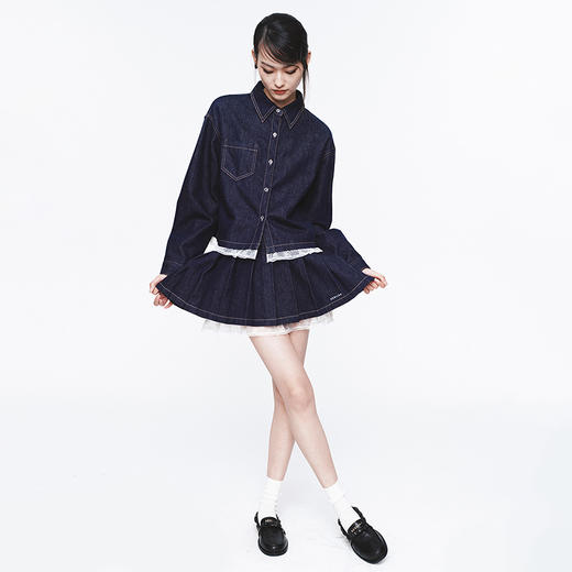 HERLIAN 2025年春季女士蕾丝拼接刺绣logo百褶短裙 商品图3