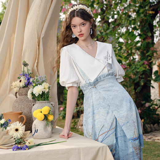 两三事梵高文艺仙云寄语2025春新款刺绣海军领泡泡袖米白色衬衫女S25CC329 商品图1