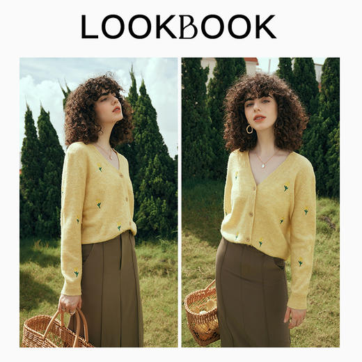 欧芮儿法式V领绣花针织开衫春春2025新款气质慵懒风黄色毛衣外套 商品图3
