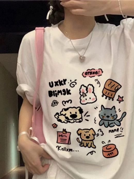 【YW】无忧购韩版百搭休闲宽松纯棉印花230g短袖T恤(截单后7天发货) 商品图6