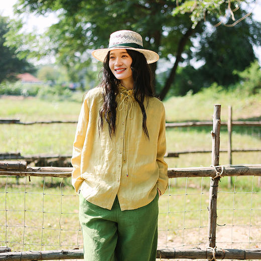 绽放旅行女装108朵/亚麻可拆卸蕾丝花边领正常肩长袖开襟简约衬衫 商品图0