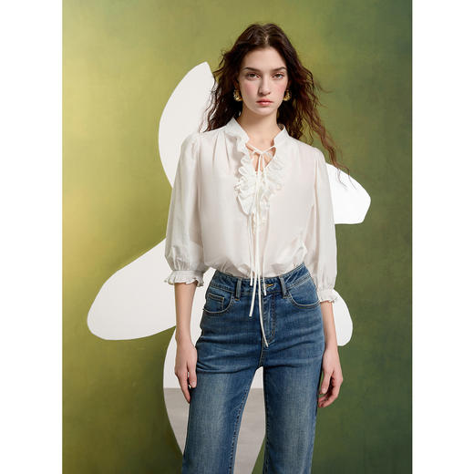 三彩2025春季新款荷叶边小衫V领系带宽松上衣泡泡袖法式S 商品图1