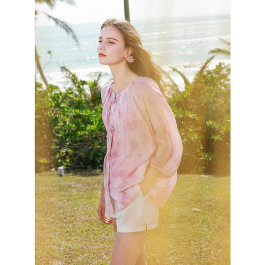 三彩2025春季新款樱花小衫盘扣圆领七分袖宽松上衣度假M 商品图2