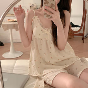 【公主风❗️超美蕾丝花边睡衣】自带胸垫，罩杯一体，免穿文胸内衣！吊带短裤套装女夏季新款泡泡皱布甜美家居服睡裤