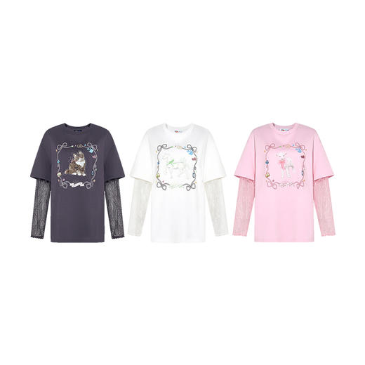 两三事梵高文艺童话精灵2025春新款蕾丝拼接长袖假两件印花t恤女S25CT480 商品图4