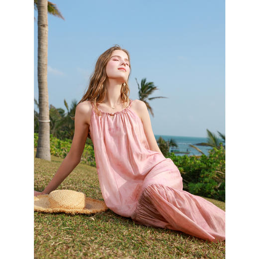 【亚麻】三彩2025春季新款樱花吊带裙无袖连衣裙宽松长裙度假M 商品图1