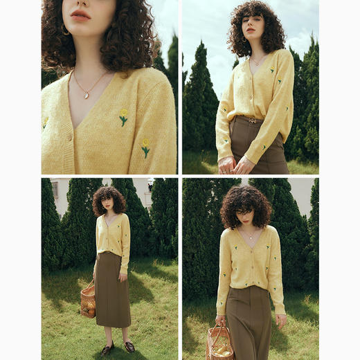 欧芮儿法式V领绣花针织开衫春春2025新款气质慵懒风黄色毛衣外套 商品图1