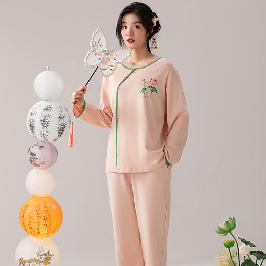 雀说 优雅新中式国风睡衣女春季长袖长裤家居服 商品图3