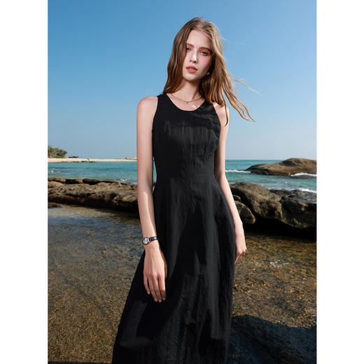 三彩2025春季新款圆领无袖A字裙连衣裙显瘦收腰长裙气质M 商品图3