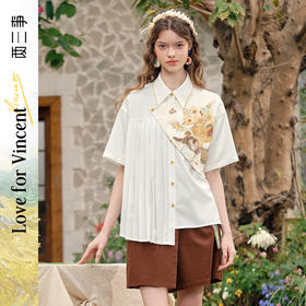 两三事梵高文艺画室晨光2025春季新款印花布拼接不对称压褶衬衫女S25CC328