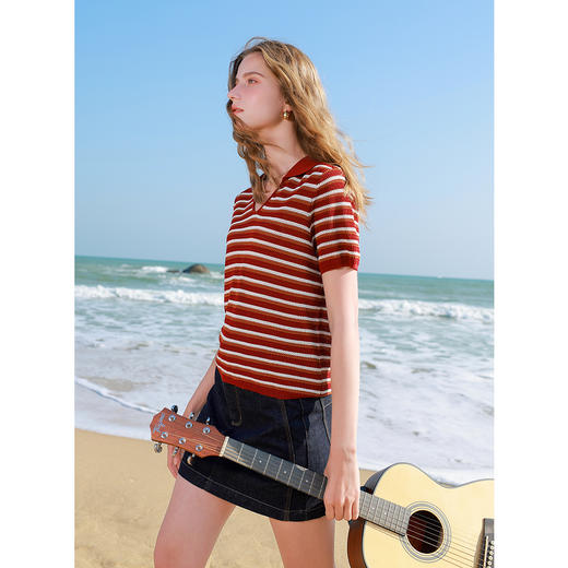 【抗起球针织】三彩2025春季新款撞色条纹POLO衫短袖套头衫M 商品图2